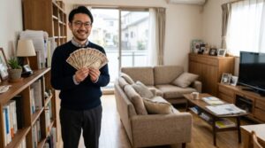 お金を広げて笑顔の男性